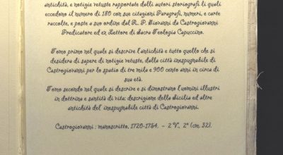 Storia veridica dell’inespugnabile Citta’ di Castrogiovanni e della sua antichita’, e notizie vetuste raportate dalli autori storiografi li quali eccedono il numero di 180 con sue citazioni Paragrafi, numeri, e carte racolte